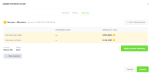 Warranty Sync comparing the stored warranty dates with the manufacturer data and offering to apply the synced values