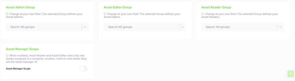Asset role settings with separate Admin, Editor and Reader groups and the Asset Manager Scope toggle