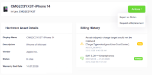 Asset detail page for a smartphone with hardware details, billing history and the Actions menu offering Report as Stolen and Request a Replacement