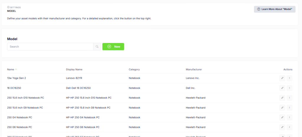 Model settings listing asset models with their category and manufacturer after an Intune import