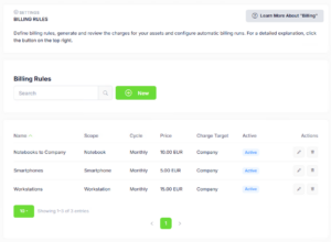 Billing rules defining a monthly price per device type and the cost target each is charged to